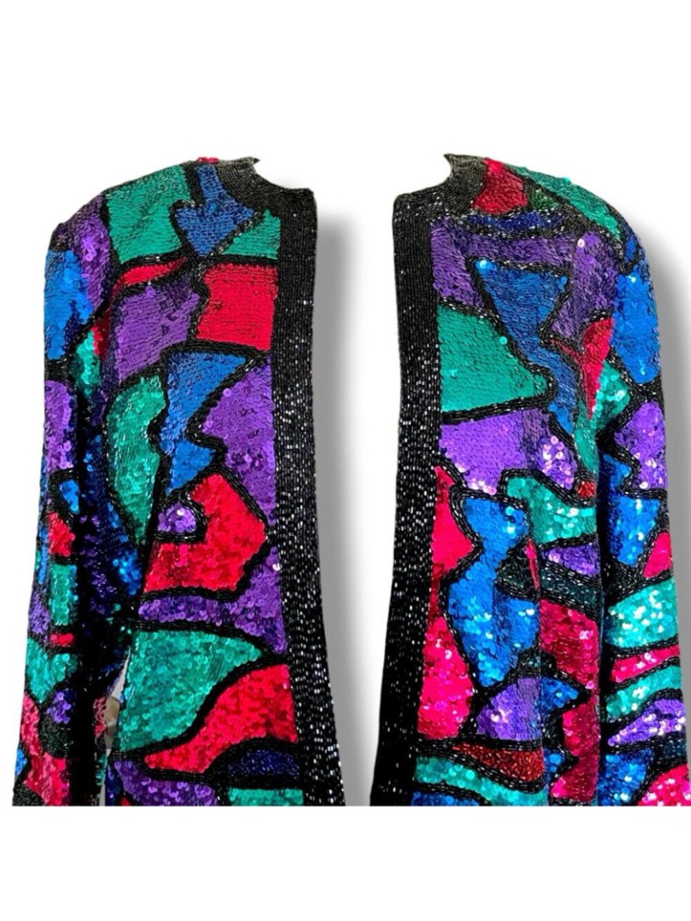 Vintage Oleg Cassini Black Tie Jacket Sz Large Jewel Tone Beaded Sequin Silk - Picture 4 of 10
